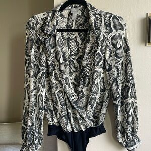 ASOS deep v cross front snake print long sleeve bodysuit